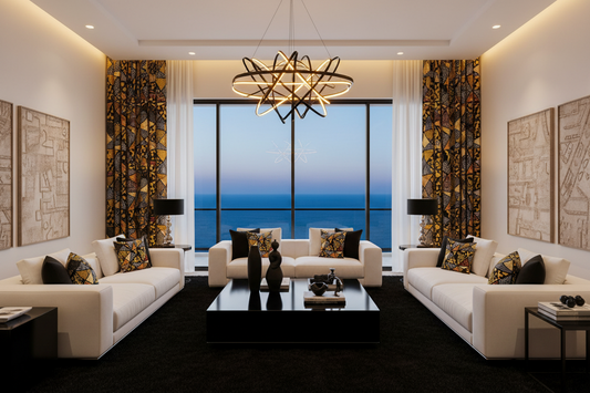 Modern living room with white sofas, decorative pillows, and a large window view.