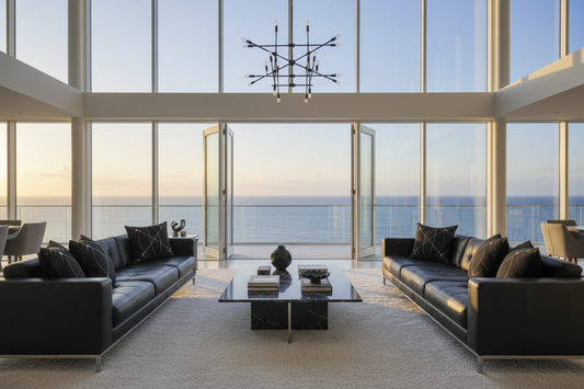 Throw cushions monochrome, Modern living room with black leather sofas, a glass coffee table, and large windows overlooking the ocean.