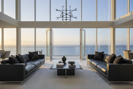 Throw cushions monochrome, Modern living room with black leather sofas, a glass coffee table, and large windows overlooking the ocean.