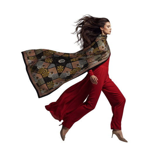 Woman in red outfit with a large patterned scarf on a white background