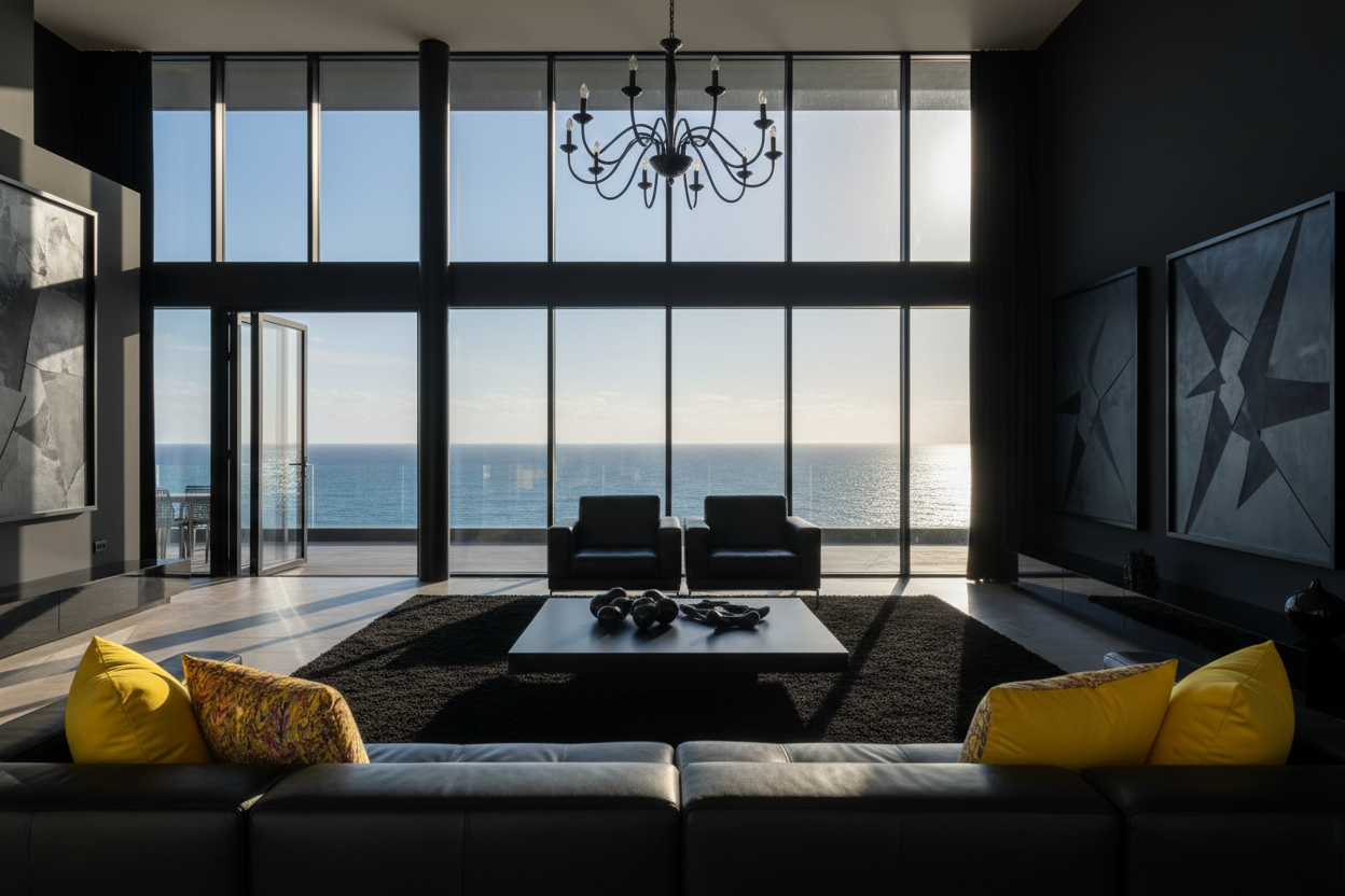 Modern living room with ocean view through large windows with throw cushions yellow
