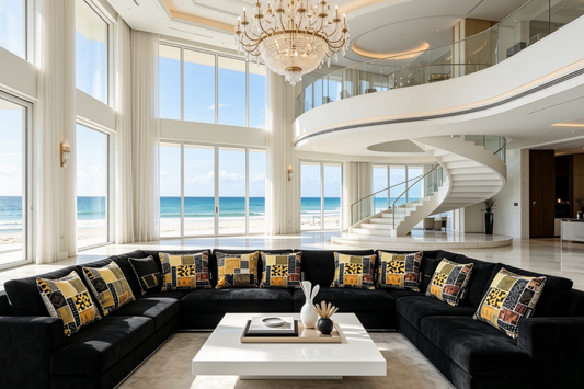 Modern living room with ocean view, black sectional sofa, and chandelier.