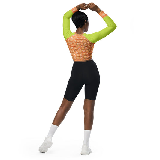 Recycled Long-Sleeve Crop Top Peach Fuzz and Neon Green Sleeves