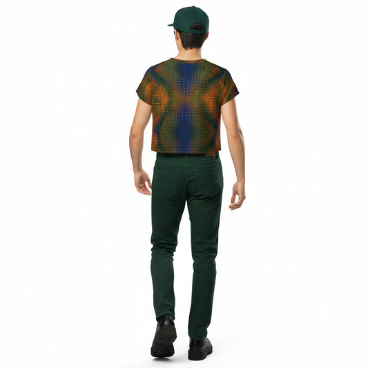 Person wearing a patterned shirt and green pants on a white background