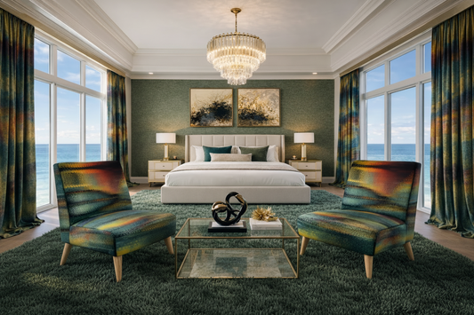Modern bedroom with ocean view, chandelier, and colorful chairs.