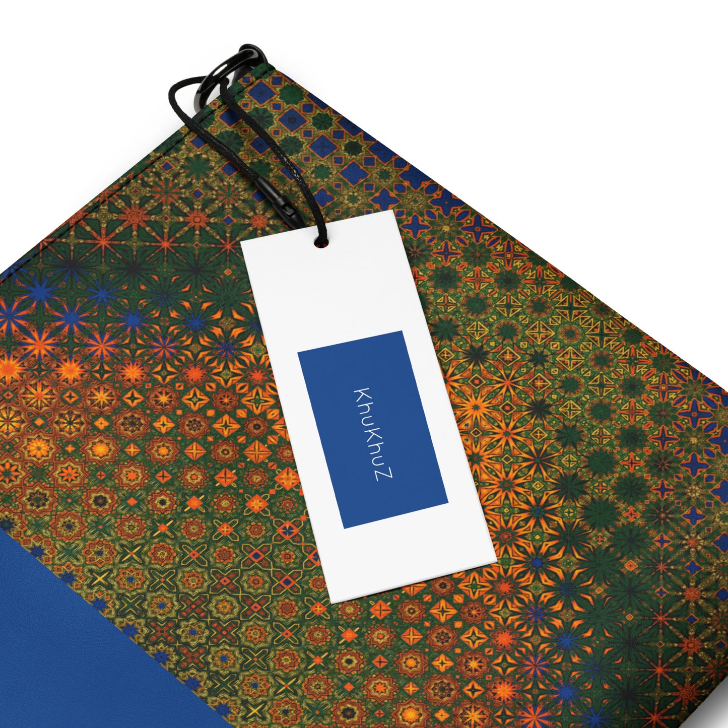 Patterned fabric with a brand tag displaying 'Khukuz' on a white background