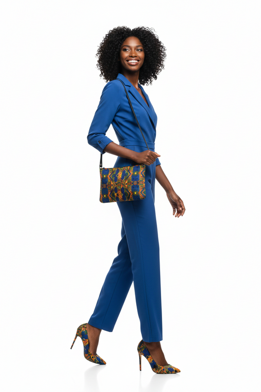 Multicolored patterned pouch with a strap on a white background