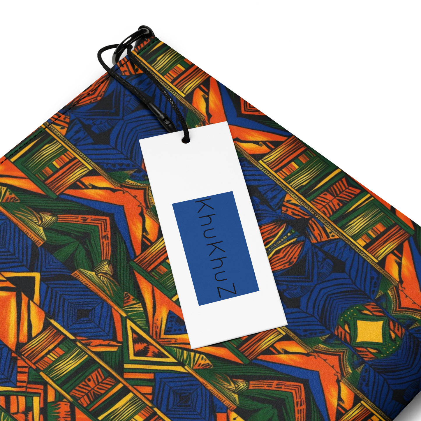Colorful patterned fabric with a 'knukhuz' tag on a white background