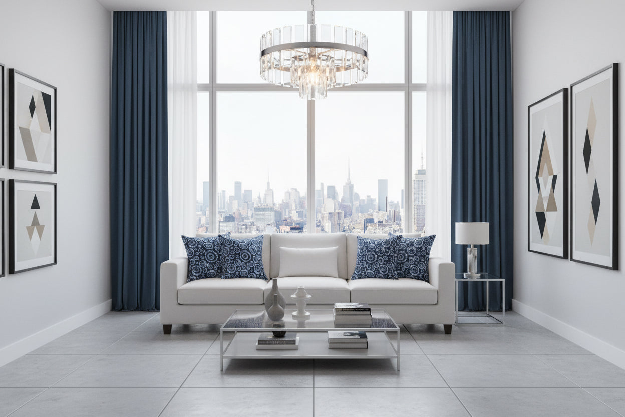 Decorative pillow with circular pattern on a white sofa