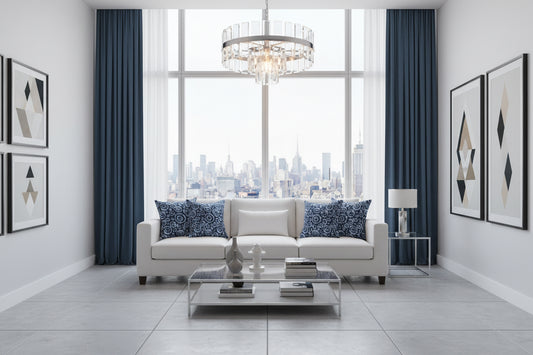 Decorative pillow with circular pattern on a white sofa