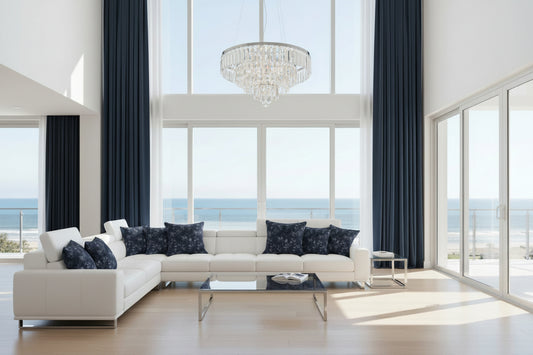 dark blue tie-dye pillow with a brand tag on a white background