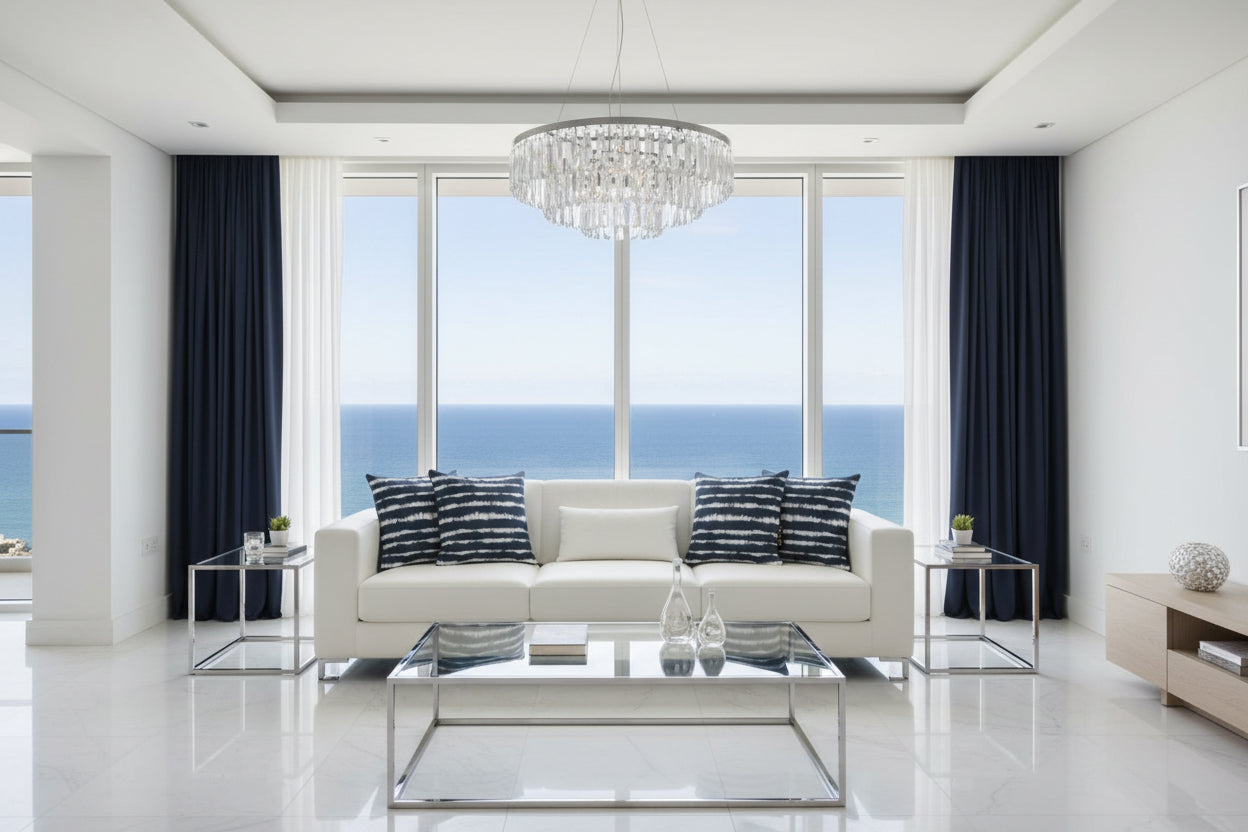 Navy and white tie-dye patterned pillow with a brand label on a white background