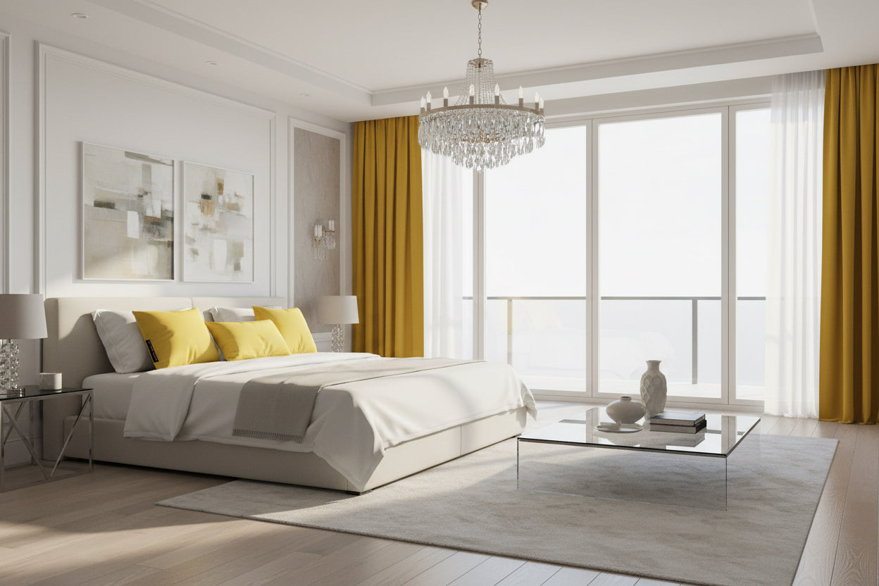 Yellow pillow with a brand tag on a white background