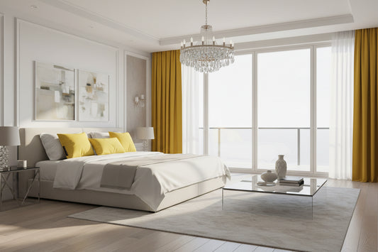 Yellow pillow with a brand tag on a white background