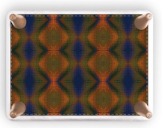 A rectangular footstool with rounded corners and four wooden feet, featuring a colorful geometric pattern of blue, green, and orange diamonds, shown on a white background.