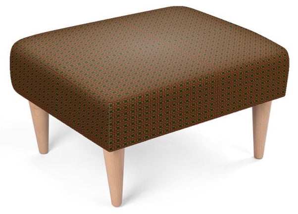 A square upholstered foot rest with a brown fabric top featuring a small repeating geometric pattern, supported by four tapered light wood legs, shown on a white background.