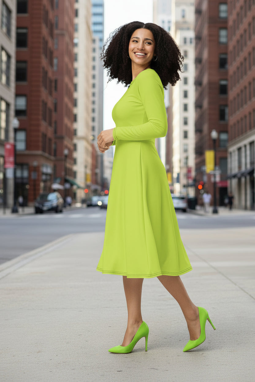 Long Sleeve Midi Dress Solid Neon Green KhuKhuZ Fashion & Lifestyle