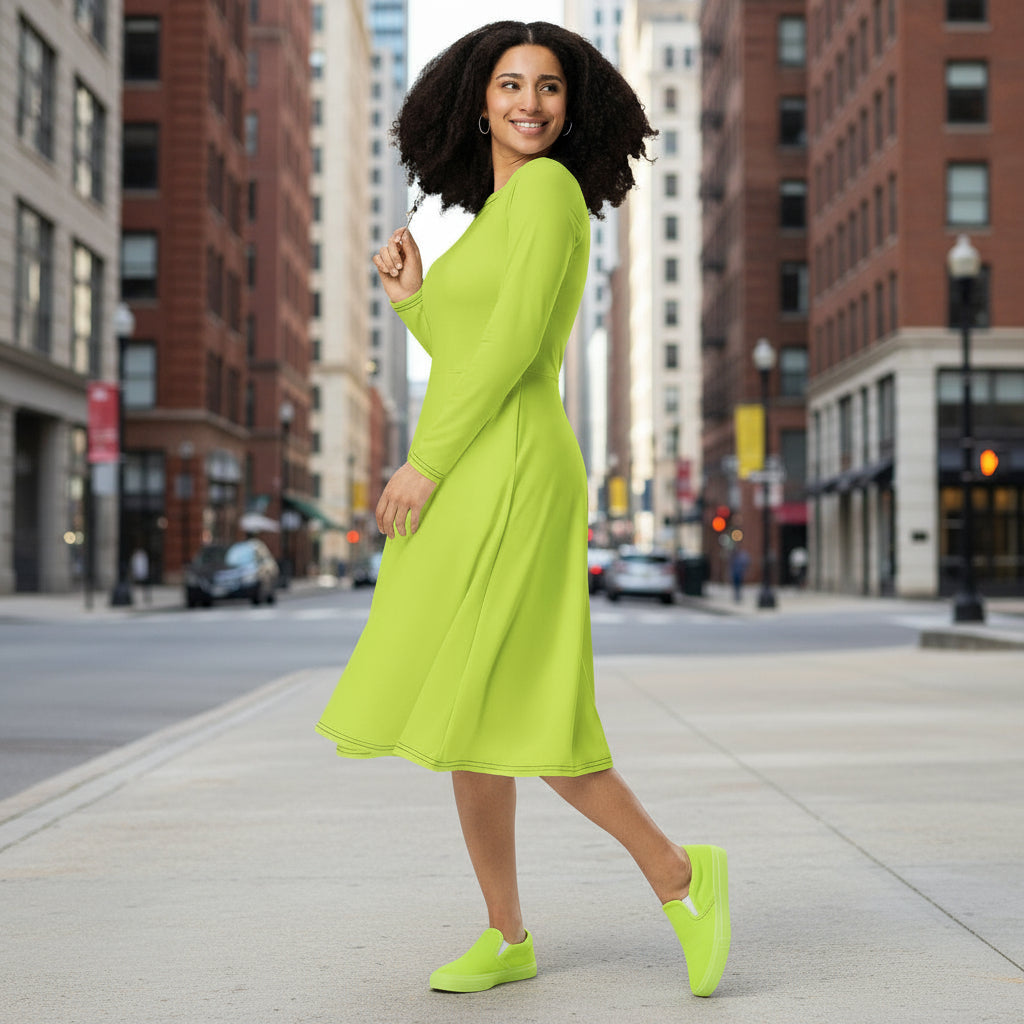 Long Sleeve Midi Dress Solid Neon Green