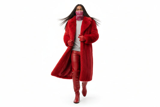 Person wearing a red neck gaiter, long coat and boots on a white background