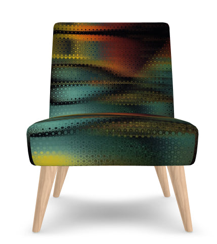 Chair with a colorful patterned backrest and wooden legs on a white background