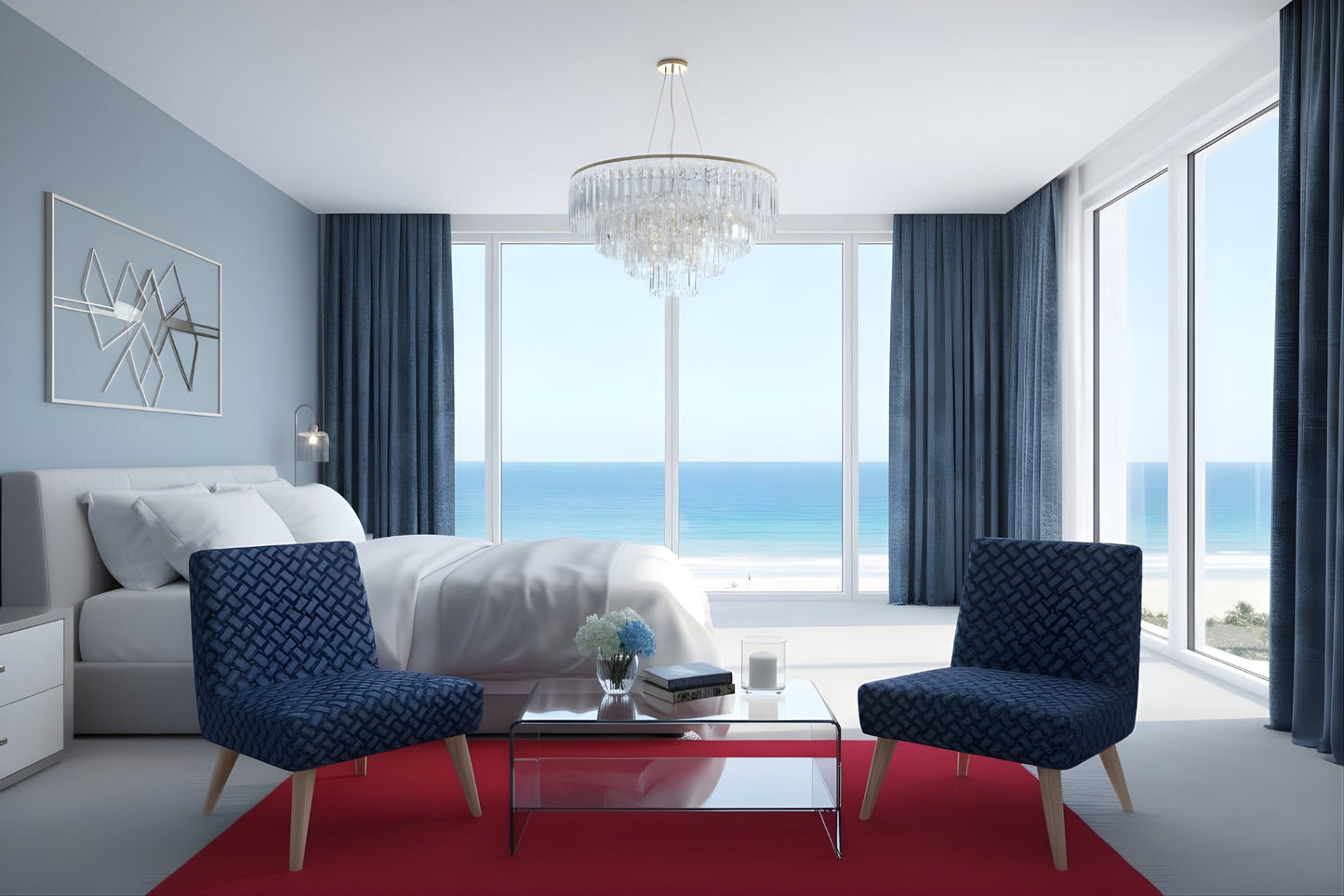 Modern bedroom with ocean view, chandelier, and blue chairs.
