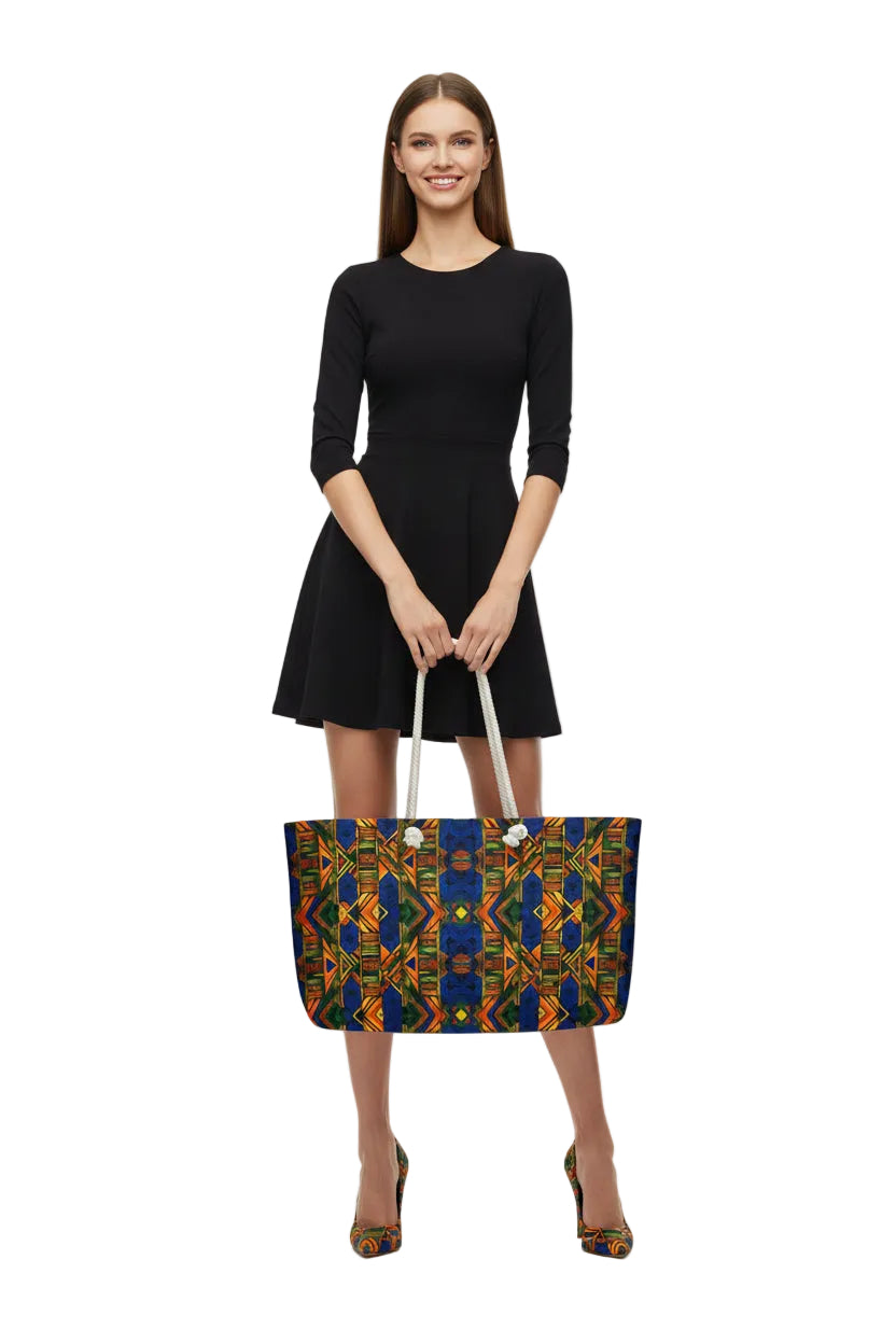 Oversized weekender bag in blue African print with white rope handles, held by a woman in a black dress.