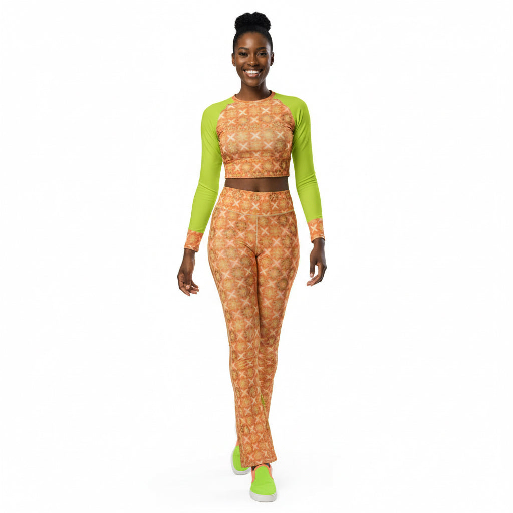 Recycled Long-Sleeve Crop Top Peach Fuzz and Neon Green Sleeves.