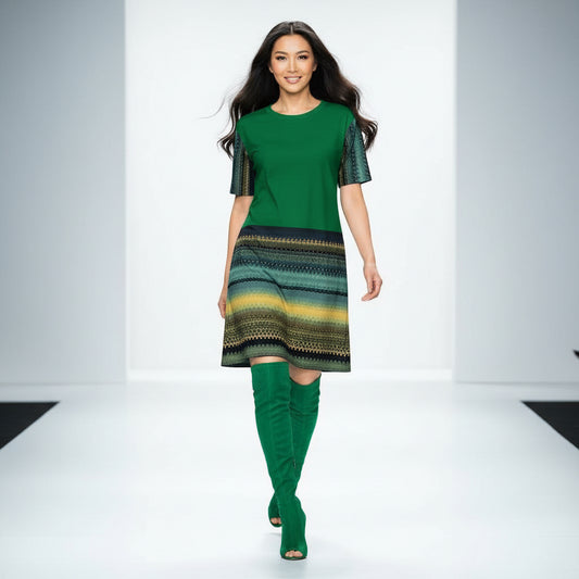 Woman wearing a green dress with patterned sleeves and hem on a white background, dancing and laughing