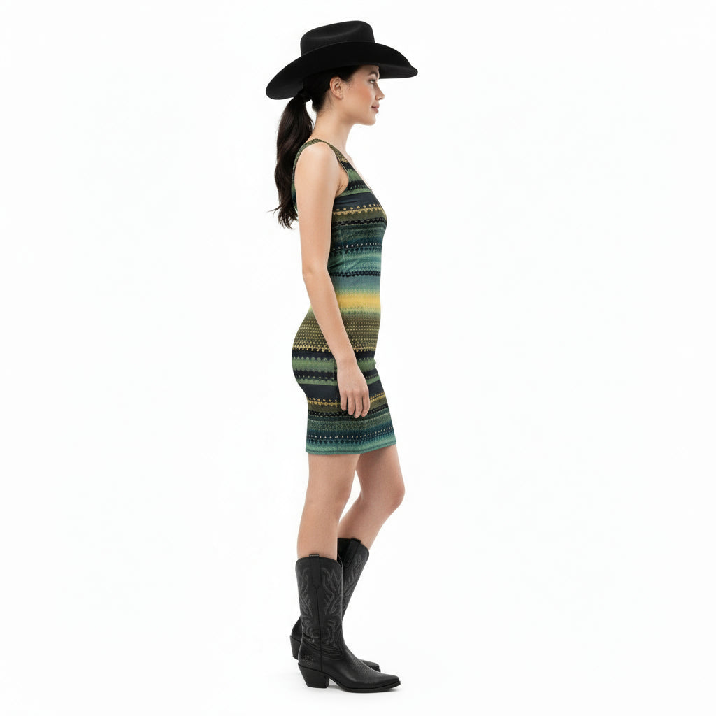 Woman wearing a patterned sleeveless dress, black cowboy hat, and black boots on a white background