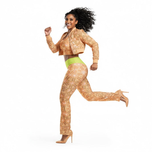 Woman in a patterned outfit with a green waistband running on a white background