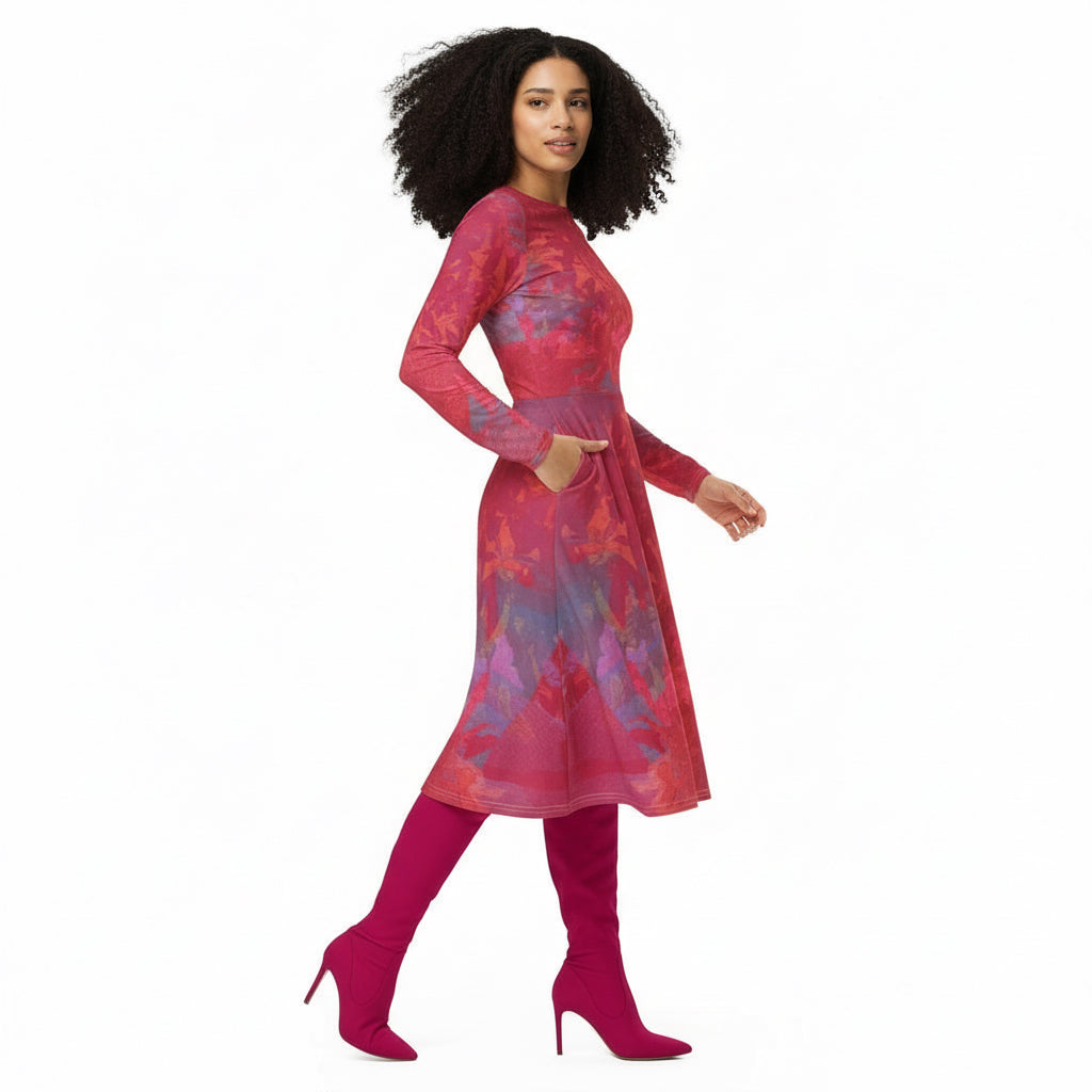 Woman wearing a red and purple patterned dress on a white background