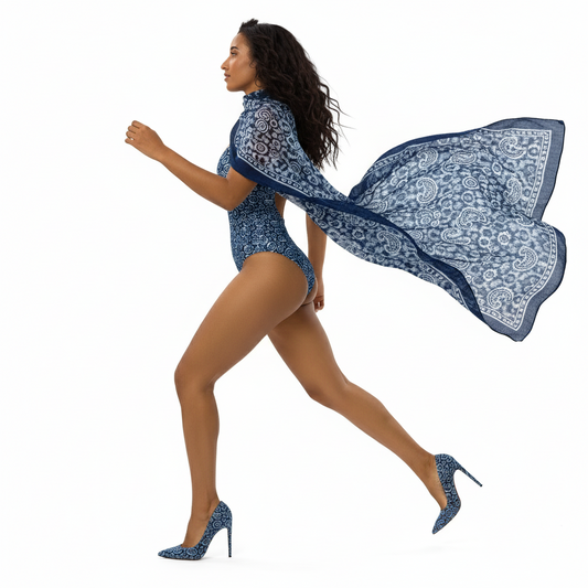 Woman wearing a blue patterned one-piece swimsuit on a white background