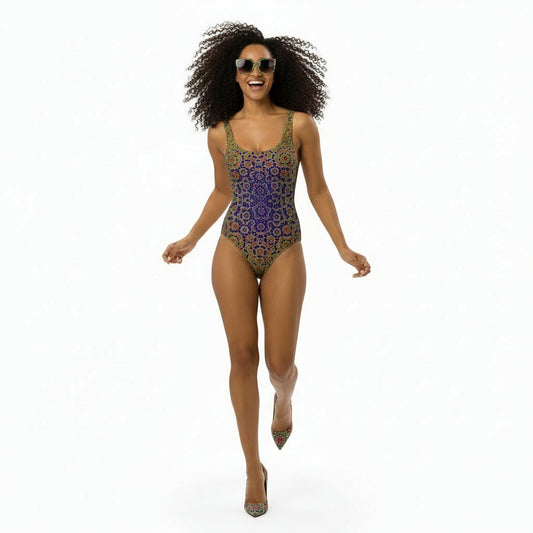 Woman wearing a patterned one-piece swimsuit on a white background