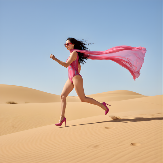Woman wearing a pink and blue striped swimsuit running in the desert