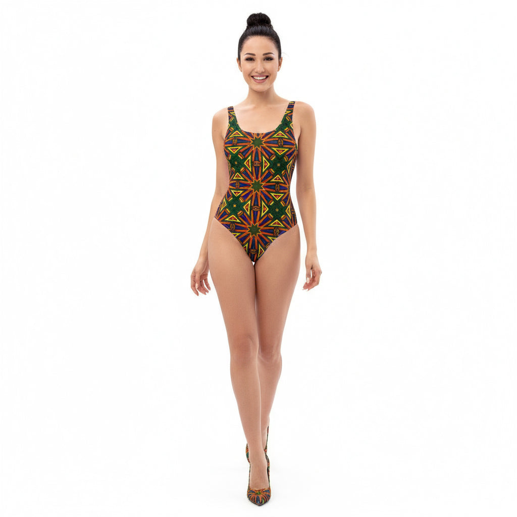 Woman wearing a colorful geometric patterned swimsuit on a white background