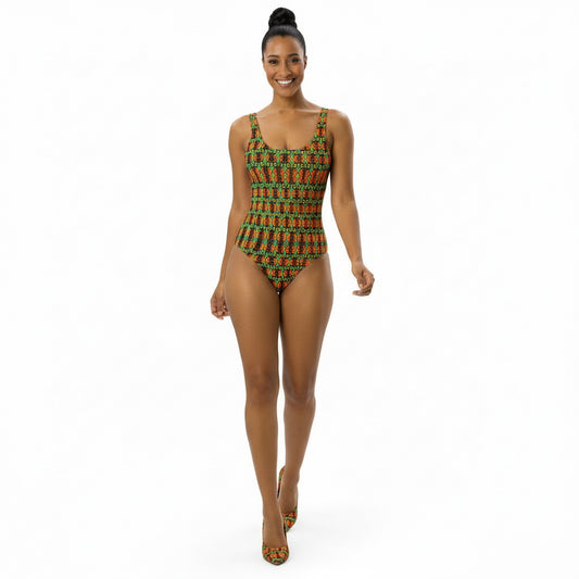 Woman wearing a colorful patterned swimsuit on a white background