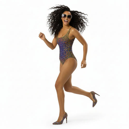 Woman wearing a colorful patterned swimsuit on a white background