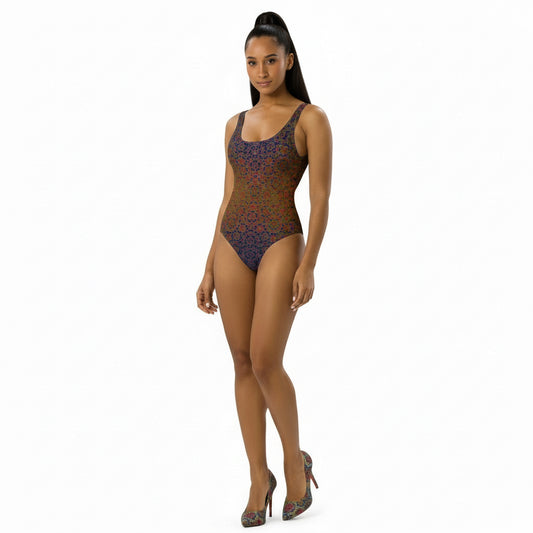 Woman wearing a patterned one-piece swimsuit on a white background