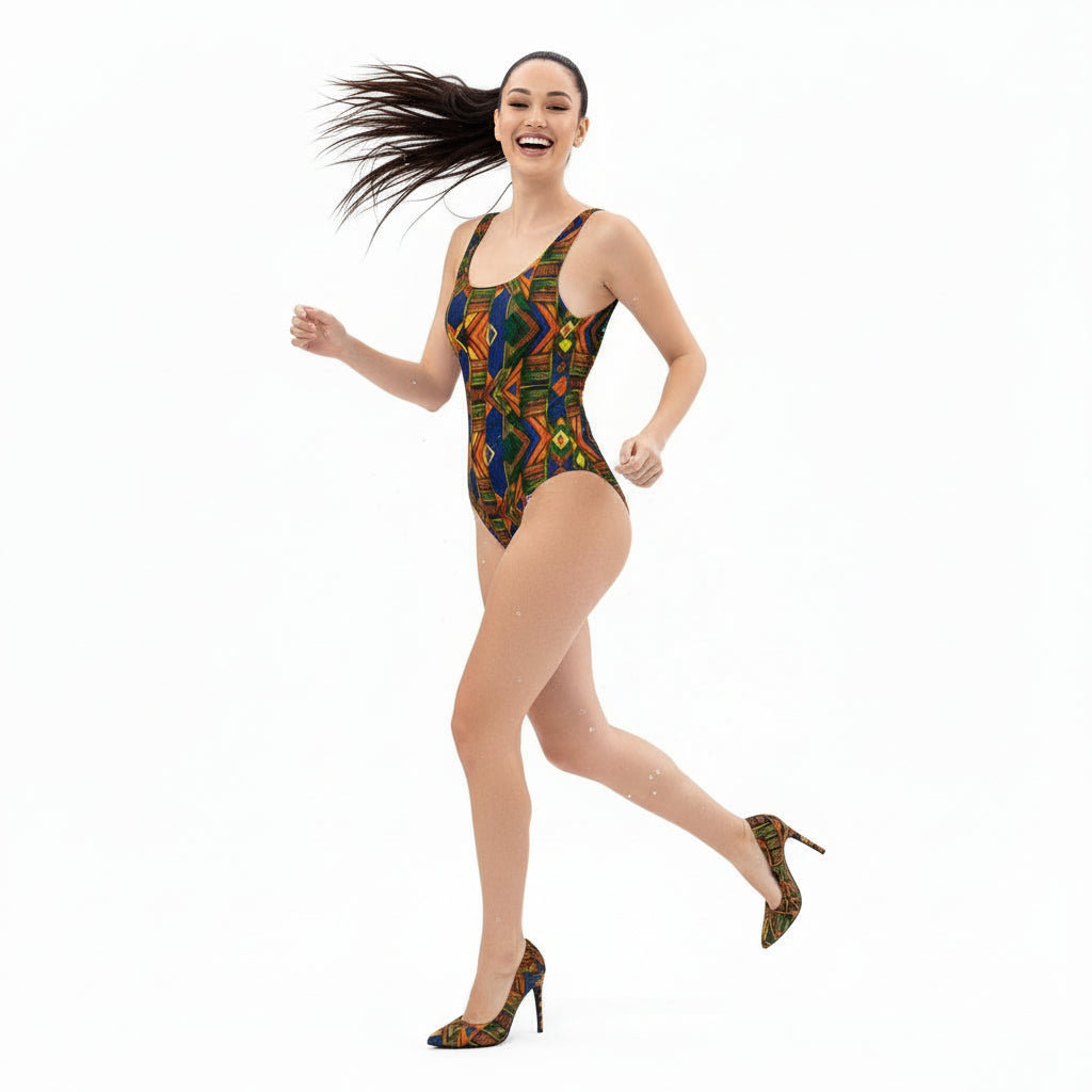 Woman wearing a colorful patterned swimsuit on a white background