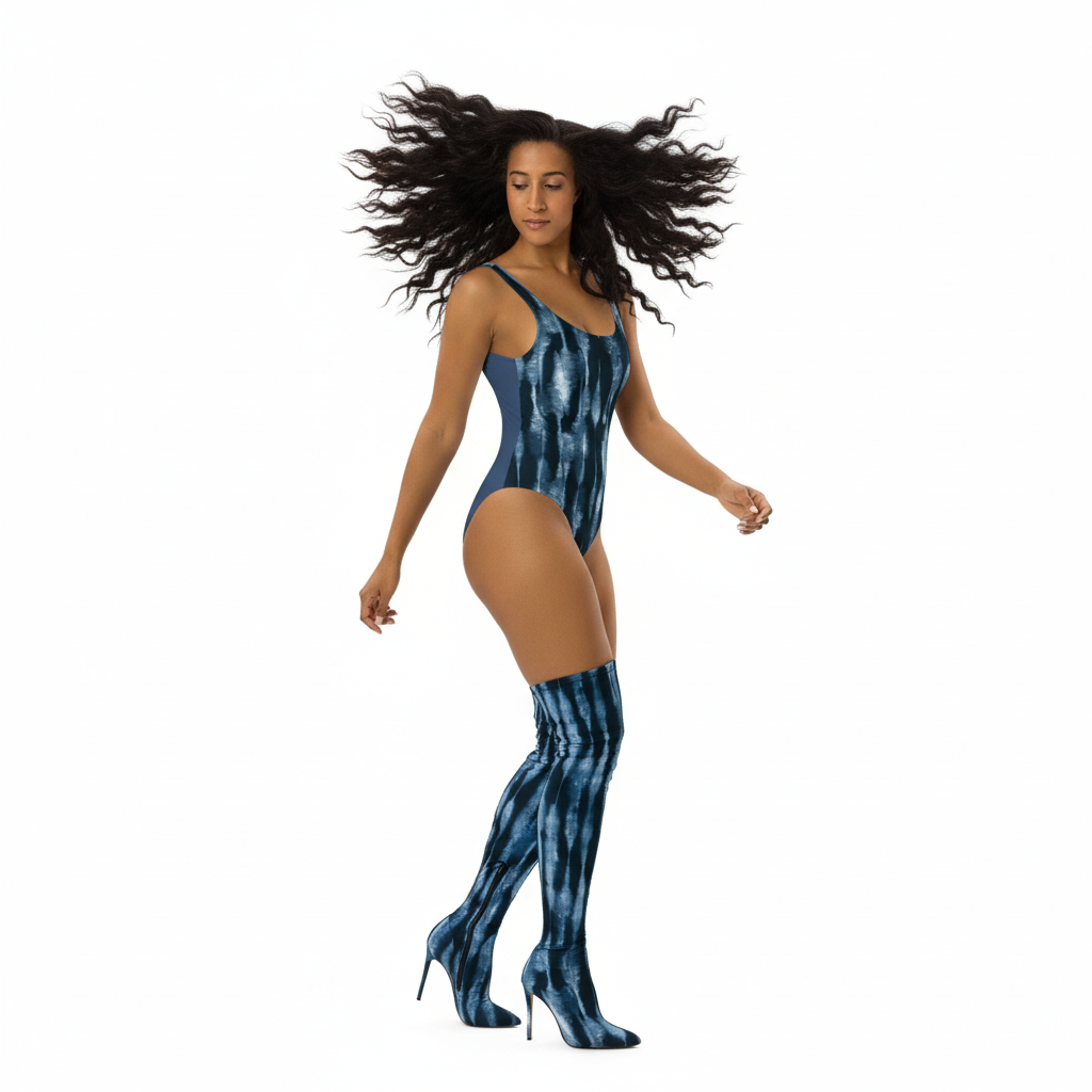 Woman wearing a blue tie-dye bodysuit and high-heeled boots on a white background