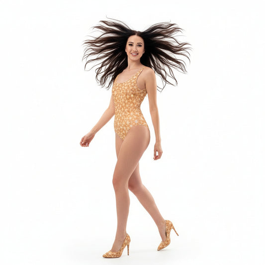 Woman wearing a geometric patterned swimsuit on a white background