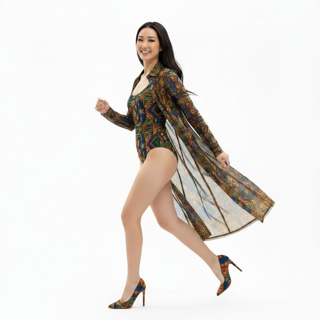 Woman wearing a colorful patterned swimsuit on a white background