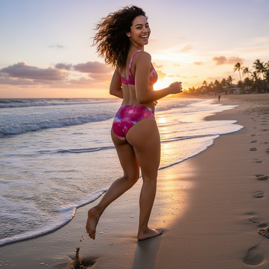 Woman wearing a pink tie-dye bikini set against a neutral background