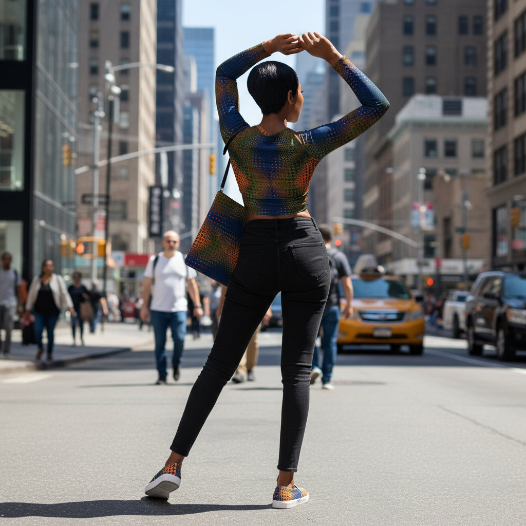 Wearing same crop top with black jeans, sling back and slip on canvas shoes