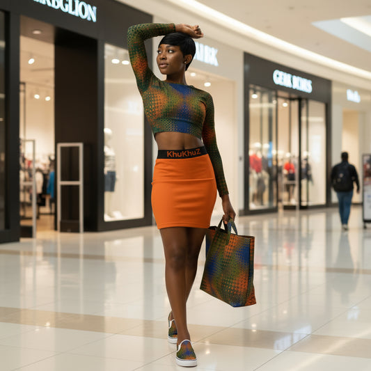 Wearing same crop top with orange mini skirt with the KhuKhuZ logo on the waist of the skirt and wearing same fabric print of the top, slip on canvas shoes, carrying a same fabric print of the top tote back, walking in a shopping mall
