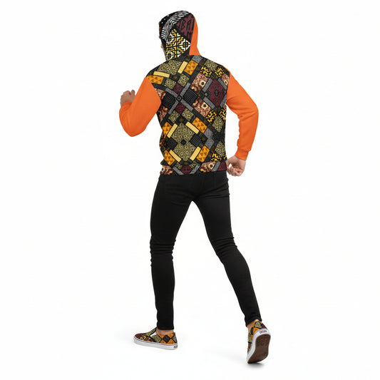 Hoodie with a colorful geometric pattern on the back against a white background