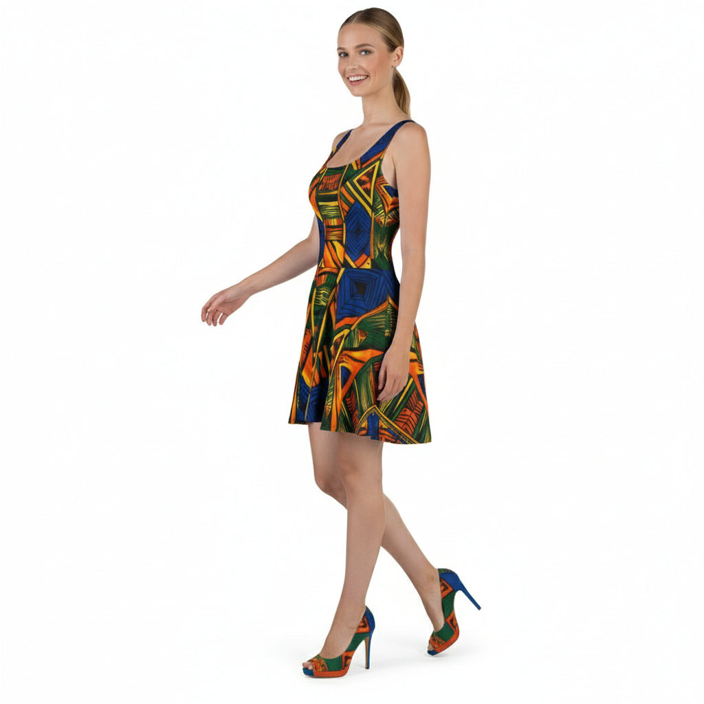 Woman wearing a colorful patterned dress on a white background