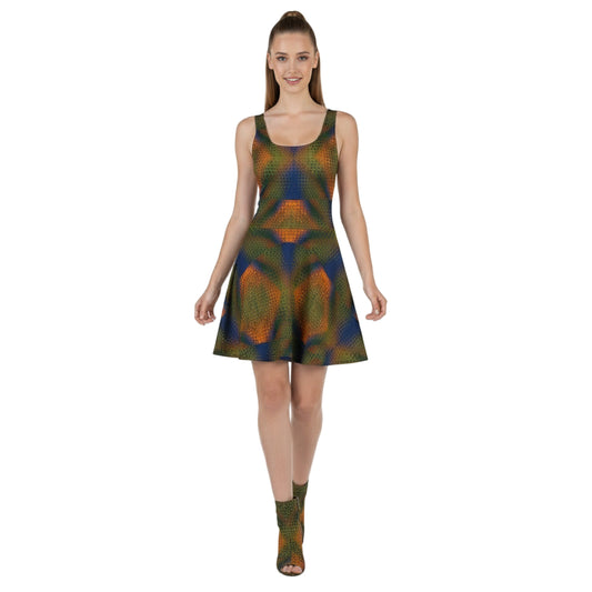 Woman wearing a patterned dress on a white background