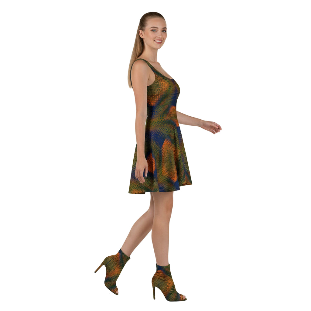 Woman wearing a patterned dress on a white background