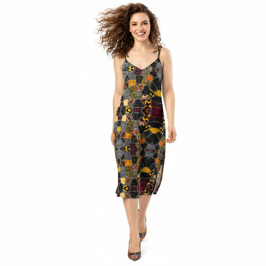 Woman wearing a patterned dress on a white background